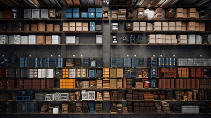 Overhead view of rows of storage racks in sorting area of a huge distribution warehouse.
