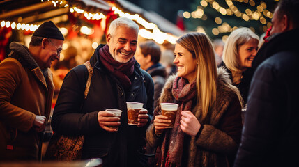 A group of people standing at a Christmas market and drinking mulled wine, Christmas party. AI generative. - obrazy, fototapety, plakaty
