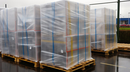 Pallets wrapped in plastic awaiting transport. - obrazy, fototapety, plakaty