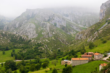 Bejes town and Picos de Europa mountains. Liébana region, Cantabria, Spain.