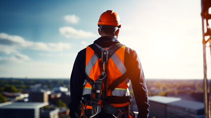 A back shot of a male worker in a safety harness working at height with a blurred background.