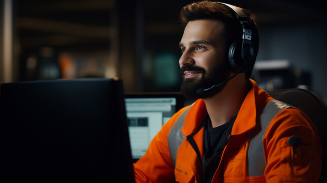 A warehouse worker wearing a headset and operating a computer terminal.