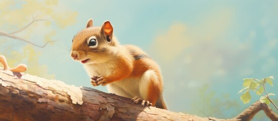 Chipmunks consume cereal while perched in trees isolated pastel background Copy space