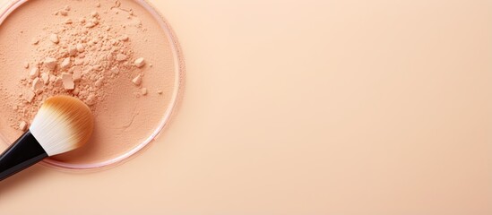 Close up of a brush applying beige powder emphasizing a nude makeup look on a isolated pastel background Copy space
