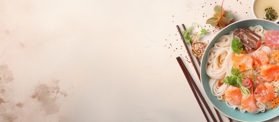 Cold Chinese noodles with meat and veggies in Japanese cuisine isolated pastel background Copy space