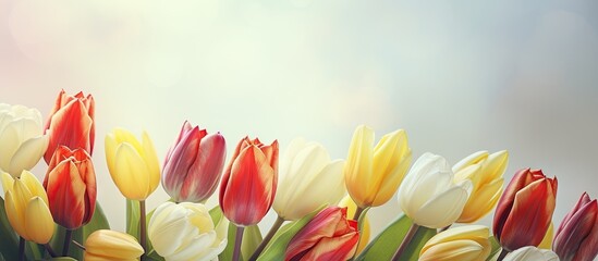 Close up of blooming tulips bouquet with red white and yellow flowers against a isolated pastel background Copy space in spring