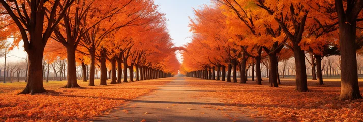 Fototapeten autumn avenue full of fallen coloured leaves. AI generative. © Dar1930