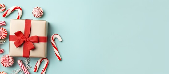 Christmas candy canes in a gift box on a isolated pastel background Copy space