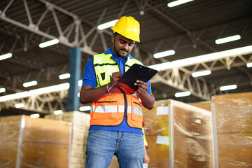 Waist of worker using document check and control production at plant with Modern Trade warehouse global business commerce concept

