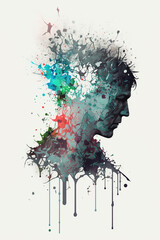 Mental health creative abstract concept.  Colorful illustration of male head, paint splatter style.  Banner white background. 