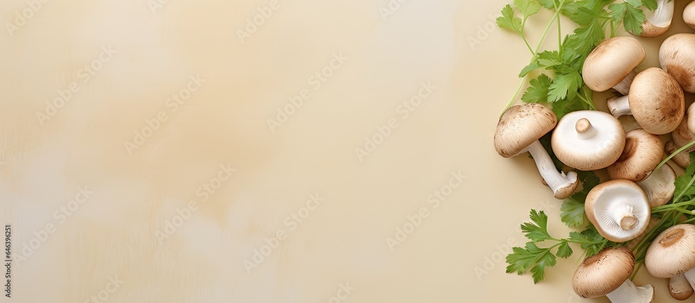 Poster closeup of champignon mushrooms with parsley on isolated pastel background copy space