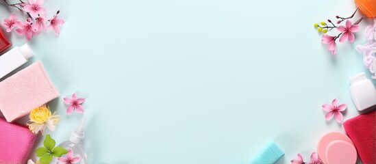 Cleaning supplies on a isolated pastel background Copy space top view Advertisement mockup with space for copy