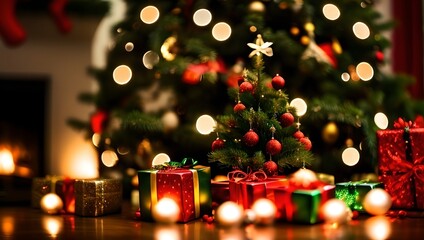 Christmas decorations and a fireplace, generative ai