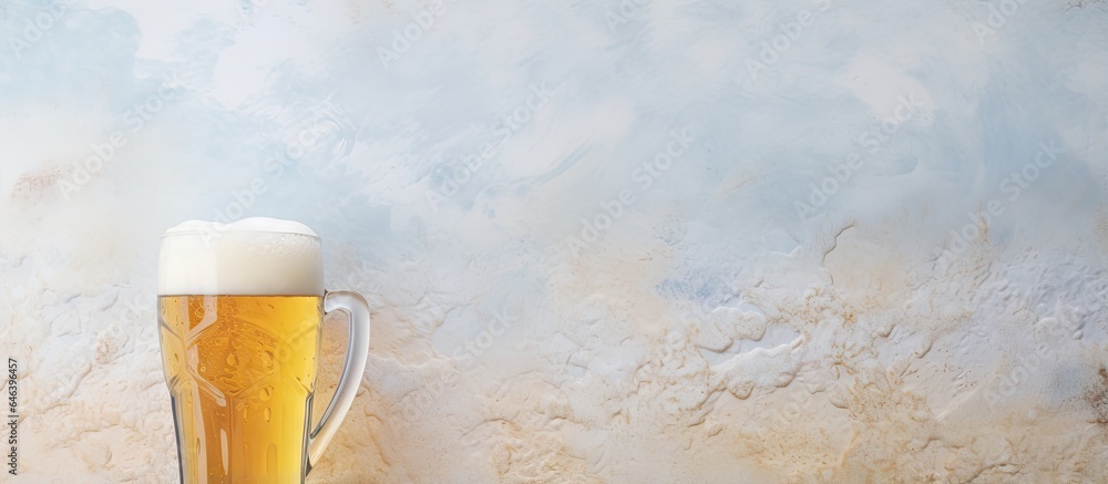 Poster a frosty glass of beer with frothy foam isolated pastel background copy space