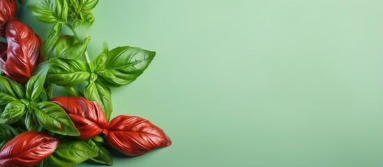 Fototapeta na wymiar Basil that is green and red and new isolated pastel background Copy space