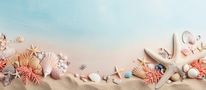 Beach with fossilized shells and coral reefs isolated pastel background Copy space