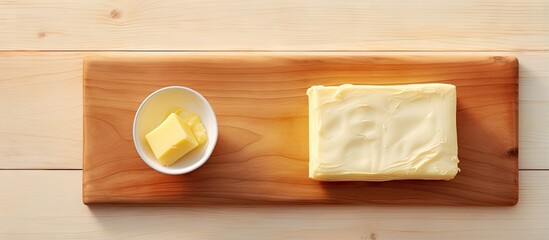 Butter on cutting board isolated pastel background Copy space