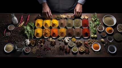 various spices and herbs are placed on a table with cheff