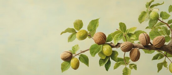A picture capturing a newly grown walnut on the tree isolated pastel background Copy space