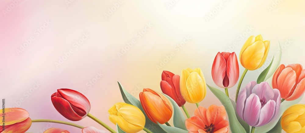 Wall mural Close up of blooming tulips bouquet with red white and yellow flowers against a isolated pastel background Copy space in spring