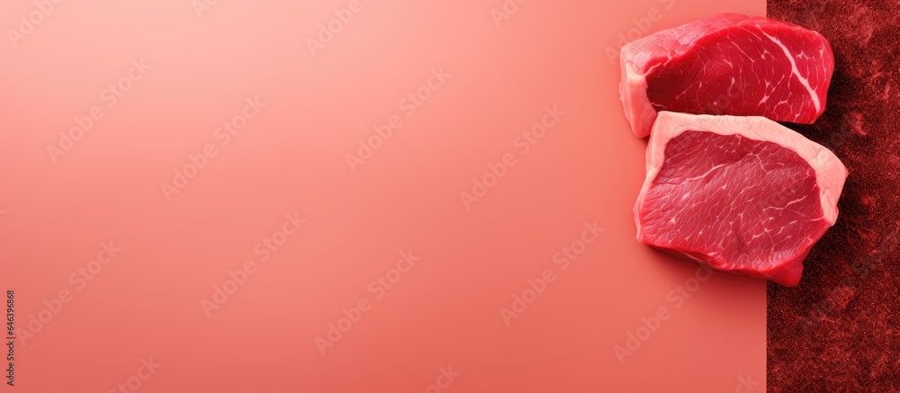 Poster beef filet red meat on isolated pastel background copy space