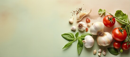 Basil garlic tomato on isolated pastel background Copy space