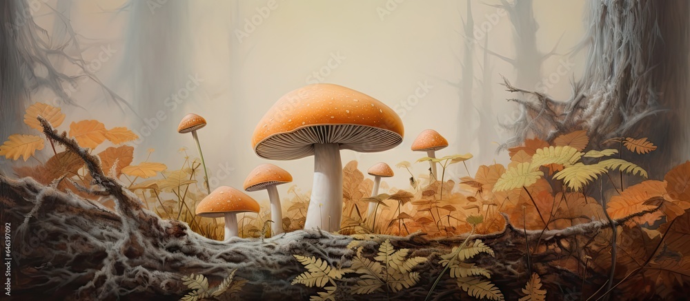 Poster closeup of a white hatted mushroom in the forest during autumn isolated pastel background copy space