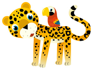cartoon scene with happy tropical animal cat jaguar cheetah with other animal on white background illustration for children