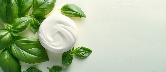 Basil covered mozzarella isolated pastel background Copy space