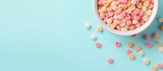 Fototapeta na wymiar Cereal balls with milk photographed on a isolated pastel background Copy space