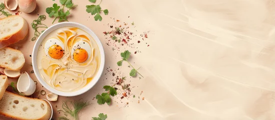 Fotobehang Beef broth noodles garlic toast with eggs benedict all homemade isolated pastel background Copy space © HN Works