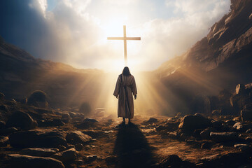 Jesus Christ standing at the entrance to the tomb. AI generative. - 646397051