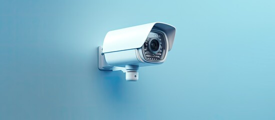 Blue toned demo stand showcasing a CCTV security camera isolated pastel background Copy space