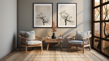 two framed pictures on the side of wooden chairs in the style of minimalistic modern architecture 