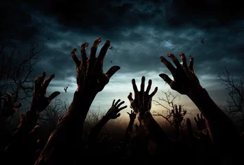 Foto op Plexiglas Scary zombie raising rotten hand for receive moonlight in Halloween night background. Flesh eater resurrection in the darkness. Smoke fog and mist scene © Virtual Art Studio