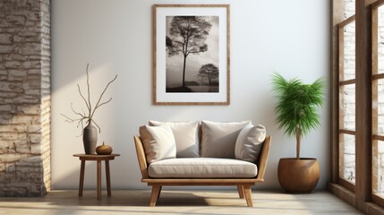 Framed picture on the wall with wooden chair in the style of minimalistic modern architecture 
