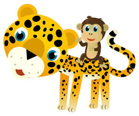 cartoon scene with happy tropical animal cat jaguar cheetah with other animal on white background illustration for children