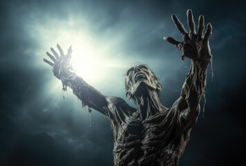 Scary zombie raising rotten hand for receive moonlight in Halloween night background. Flesh eater resurrection in the darkness. Smoke fog and mist scene - obrazy, fototapety, plakaty