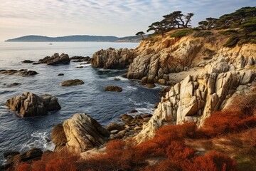 Fototapeta na wymiar Rocky shore along Monterey Bay in California. Generative AI