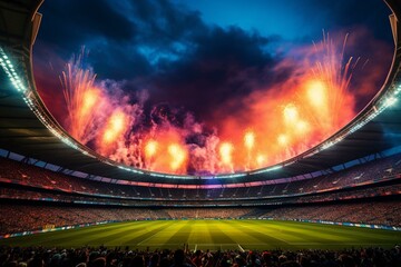 Fototapeta na wymiar Thrilling, electrifying match: vibrant stadium lights and enthusiastic spectators. Generative AI