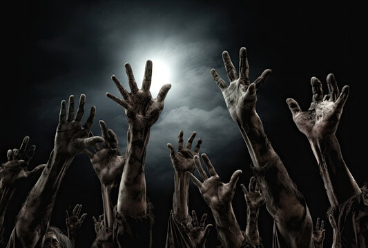 Scary Zombie Raising Rotten Hand For Receive Moonlight In Halloween Night Background. Flesh Eater Resurrection In The Darkness. Smoke Fog And Mist Scene