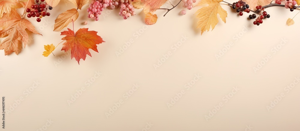Poster autumn leaves rowan berries and wild grapes in a frame set against a isolated pastel background copy