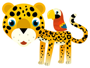 cartoon scene with happy tropical animal cat jaguar cheetah with other animal on white background illustration for children