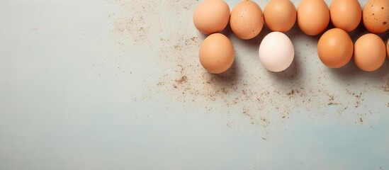 Naklejka na ściany i meble Chicken eggs on a isolated pastel background Copy space