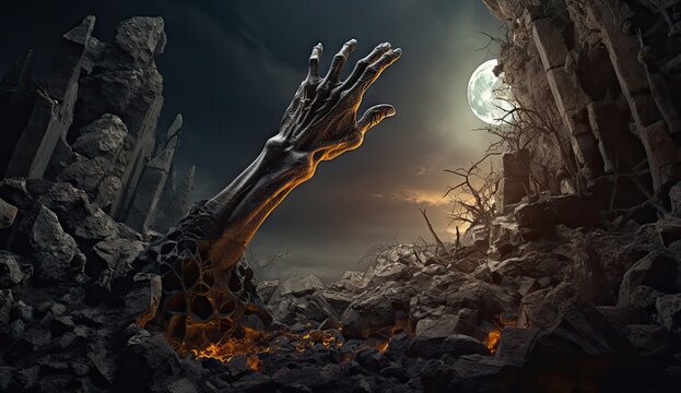 Scary zombie raising rotten hand for receive moonlight in Halloween night background. Flesh eater resurrection in the darkness. Smoke fog and mist scene