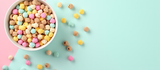 Fototapeta na wymiar Cereal balls with milk photographed on a isolated pastel background Copy space