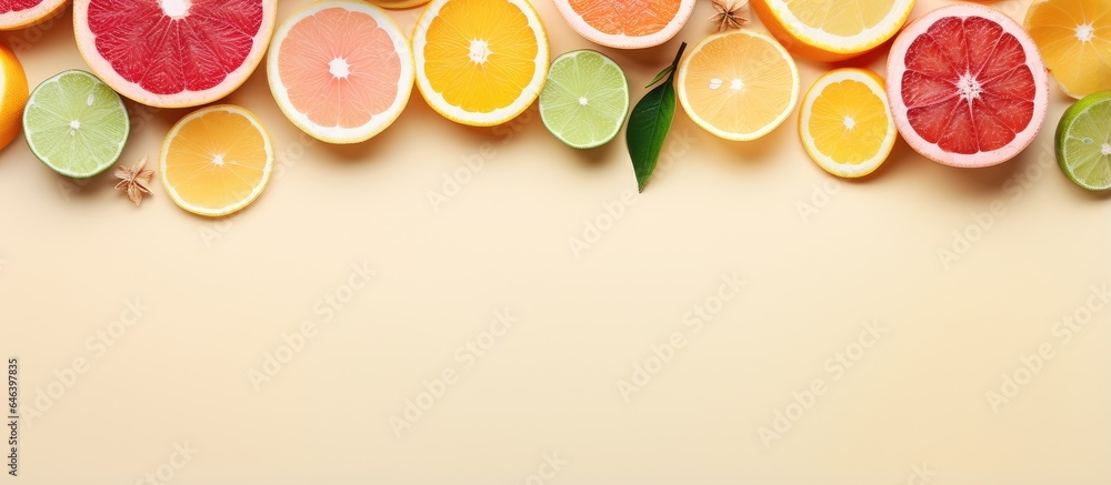 Poster citrus slices with spices isolated pastel background copy space