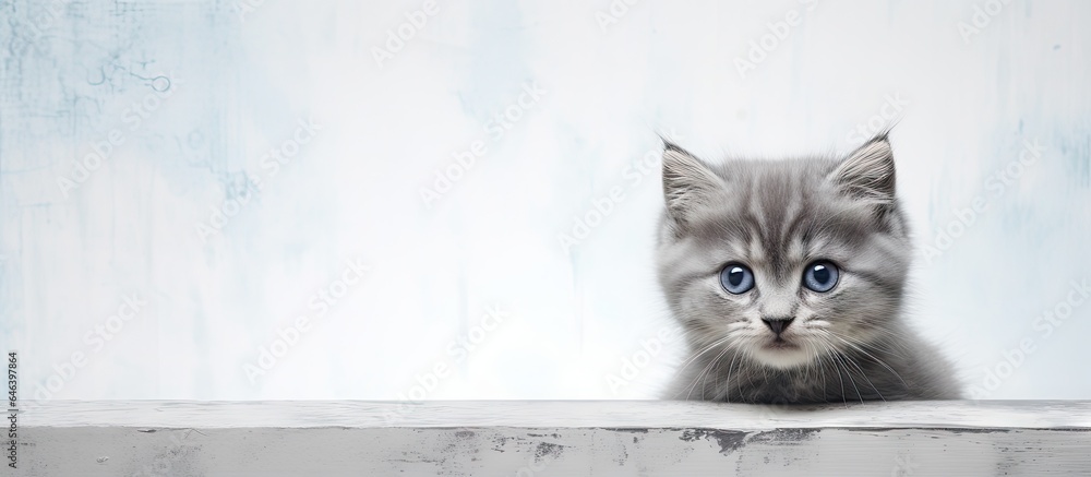 Poster a purebred kitten with grey spots is on a isolated pastel background copy space