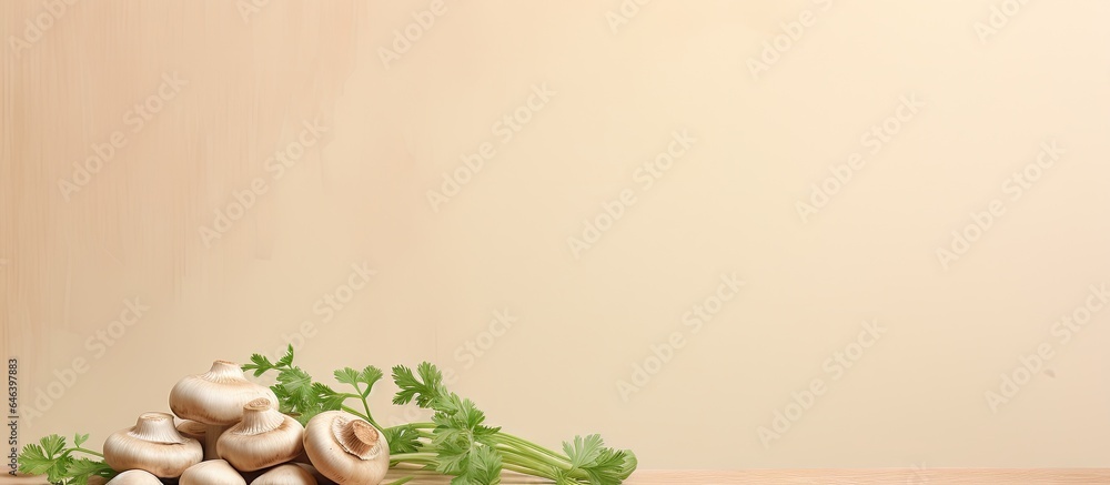 Poster closeup of champignon mushrooms with parsley on isolated pastel background copy space