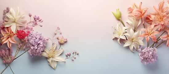 Colorful flowers on a isolated pastel background Copy space Spring themed design for cards or invitations